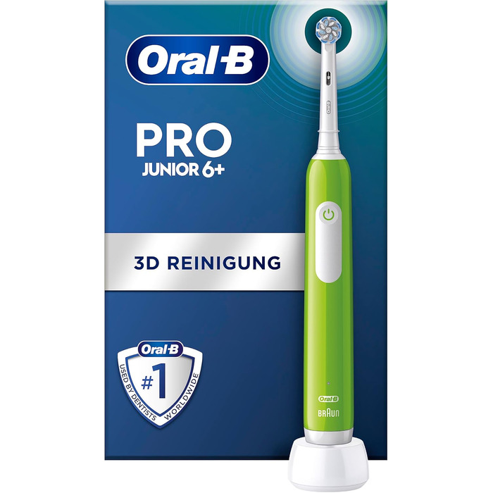 Електрична зубна щітка Oral-B Pro Junior для дітей віком від 6 років, датчик тиску, 3 режими чищення, включаючи чутливу для догляду за зубами, мяка щетина та таймер, розроблений Braun, зелений