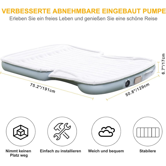 Надувний матрац KMZ SUV із вбудованим електричним насосом - потовщений та флокований матрац для подорожей та кемпінгу - вантажопідйомність 300 кг - сірий