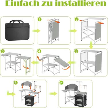 Складана кемпінгова кухня, кемпінгова шафа з алюмінію з 3 робочими поверхнями, відділенням для шафи, підставкою для світла та 4 гачками, вулична кухня, кемпінгова шафа