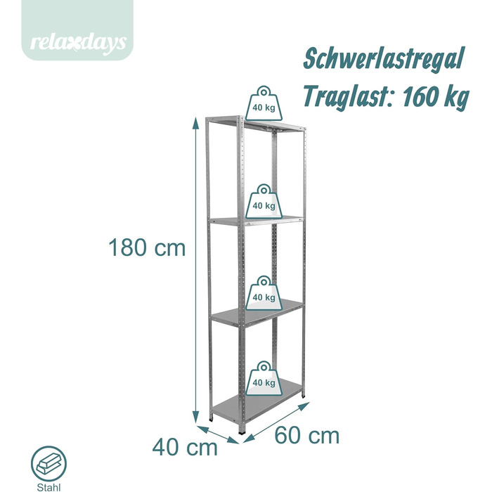 Стелаж для зберігання Relaxdays, оцинкована сталь, ВШХ 180 x 60 x 40 см, 160 кг, 4 полиці, для підвалу та гаража, міцний стелаж, сріблястий