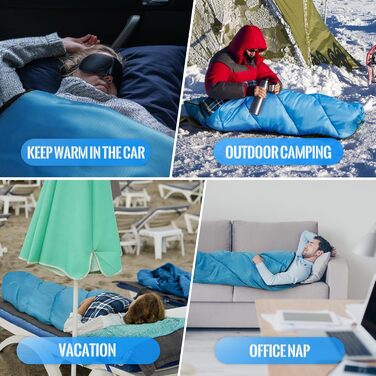 Спальний мішок Bessport 3-4 сезони - Фланелевий спальний мішок Зима, Тепла ковдра для активного відпочинку на свіжому повітрі, Невеликий розмір упаковки, Надлегкий, Водонепроникний для кемпінгу, подорожей, походів, для дорослих, Синій