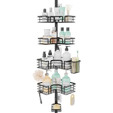 Кутова полиця для душу телескопічна SWTYMIKI - 4-ярусна, з мильницею, тримачем для зубних щіток та 4 гачками, регульована, з нержавіючої сталі, монтаж без свердління, 70-275 см, чорна
