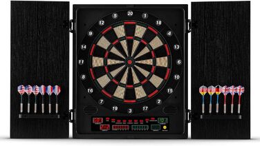 Електронний дартс oneConcept Dartmaster 180, E-Darts, Мішень для гри в дартс до 8 гравців, віртуальний суперник, світлодіодні дисплеї, 12 чорних дротиків з малюнком