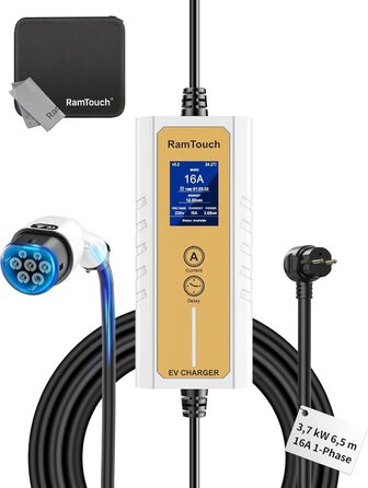 Зарядний кабель RamTouch для електромобілів типу 2 Schuko (3,7 кВт, 6,5 м), мобільна настінна коробка Schuko з регульованою та зап