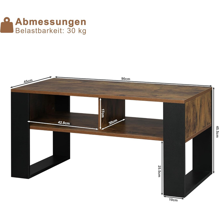 Журнальний столик WOLTU з місцем для зберігання, бічний столик для вітальні, сучасний стіл для вітальні, прямокутний журнальний столик, диван-столик, 2 відкриті відділення, вінтажний дерев&39яний вигляд чорного кольору, BTS16hov