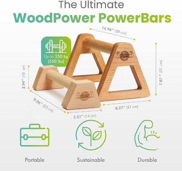 Дерев&39яні паралелети WOODPOWER PowerBars для віджимань, дерев&39яні ручки для віджимань, стійка на руках, йога та калістеніка, нековзні, для використання в приміщенні та на вулиці, безпечні для суглобів, НАБІР (XS XL) чорного кольору