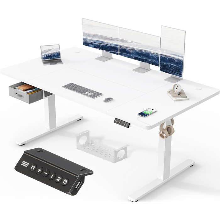 Письмовий стіл з регульованою висотою 160x80 см, Стіл з регульованою висотою та висувними ящиками, порт зарядки USB-A, комп&39ютерний стіл з лотком для кабелів, стіл для роботи стоячи з 3 функціями пам&39яті, білий, 160 x 80 см