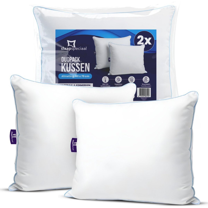Подушка 60x70 см - Бавовняний чохол для подушки Комплект з 2 шт., Ергономічна подушка для сну середньої жорсткості Підтримує голову та шию - Активна циркуляція повітря 70 x 60 см