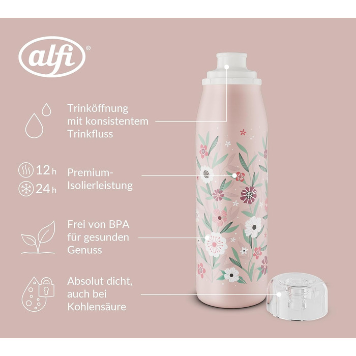 Дитяча пляшка alfi KIDS ISO 500 мл, пастельно-рожева, ізольована дитяча пляшка для пиття, нержавіюча сталь, повністю герметична з кришкою, що закручується, зберігає напої гарячими 12 годин, холодними 24 години, підходить для газованих напоїв, без BPA, кві