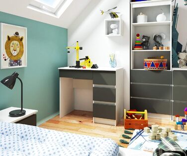 Письмовий стіл AKORD A7 90 см 4 шухляди правий Комп&39ютерний стіл Для дому Для офісу Для роботи Ш 90 x В 77 x Г 50 см Вага 30,50 кг Біла/графітово-сіра ламінована стільниця, біло-графітово-сіра передня панель