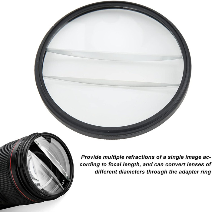 Подвійний скляний роздільний діоптрійний фільтр, 77-мм розділений діоптрійний призматичний фільтр камери Подвійний скляний розділений діоптрійний фільтр для обєктива Розмиття центрального фільтра масштабування, для дзеркальних фотоапаратів на відкритому п