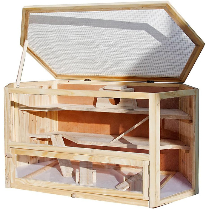 Клітка Wiltec XXL для гризунів, 3-ярусна, шестигранна, 1150 x 600 x 580 мм, дерев&39яна, з кришкою на петлях та оглядовим віконцем, будиночок для дрібних тварин, клітка для мишей, клітка для хом&39яків