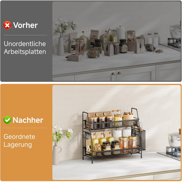 Стійка для спецій, 2-рівневий кухонний органайзер, металевий органайзер для шаф, стоячий органайзер для ванної кімнати, полиця для кухонної стільниці для кухні, ванної кімнати, офісу, чорний