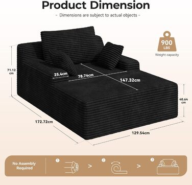 Сучасний вельветовий диван без кісток з функцією сну Диван Хмара з шезлонгом, 3 подушки, зручний диван для вітальні, не потребує складання чорна вельветова тканина