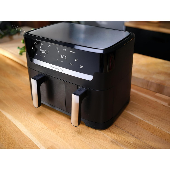 Двокамерна фритюрниця Tefal EY9018 Dual Easy Fry Ємність 5,2/3,1 л дві незалежні шухляди 7 автоматичних програм енергозберігаючі Чорний