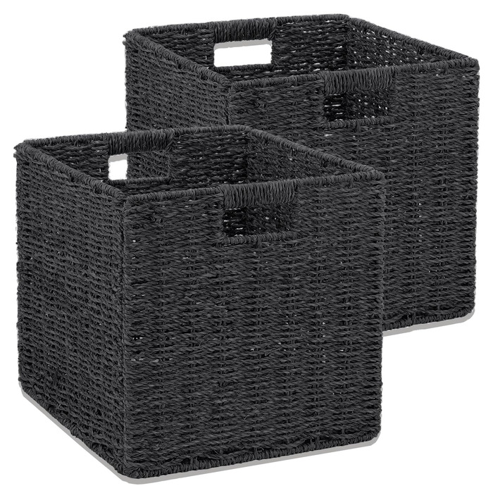 Кошик для зберігання, складний кошик, плетений з паперу водяного гіацинта, полиця-кошик Kallax куб 28 см, декоративний плетений кошик ручної роботи для ванної кімнати, вітальні, спальні, 28x28x28 см, чорний