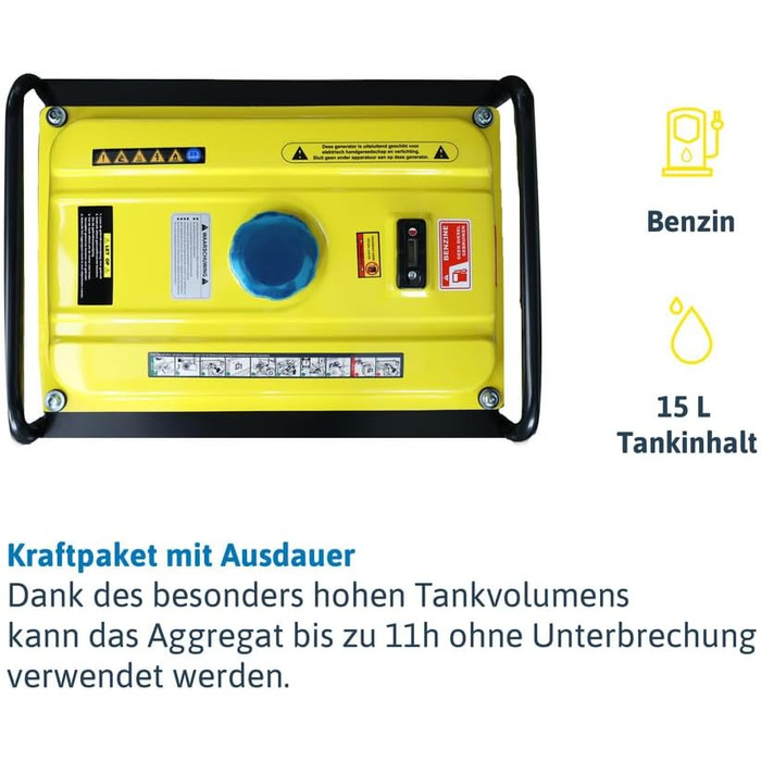 Тихий бензиновий генератор Dnges потужністю 2200 Вт, аварійний генератор з 2 розетками 230 В, час роботи 11 годин, бак 15 л для використання на свіжому повітрі, в кемпінгу, саду, для самостійних проектів з мобільного електропостачання.