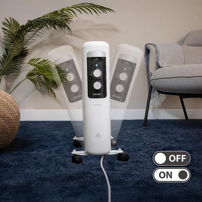 Електричний масляний радіатор Cecotec з низьким енергоспоживанням 7 модулів ReadyWarm 750 Space White. 1500 Вт, 3 рівні потужності, система безпеки та колеса, ідеально підходить для 15 м, білий