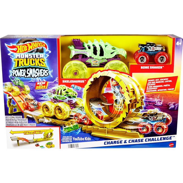 Набір іграшкових вантажівок Hot Wheels Monster Trucks з 2 іграшковими вантажівками надвеликий скелезавр та 1 шейкер для кісток у масштабі 164, Race & Chase Challenge з 2 розбитими машинками, HYT07