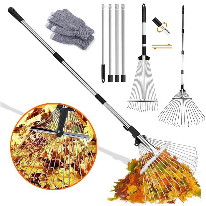 Розширений садовий граблі-віяло 22-44 см з регульованою металевою ручкою 2.15 м та рукавичками, граблі для листя, металеві граблі-віяло, граблі для прибирання листя, трави та двору