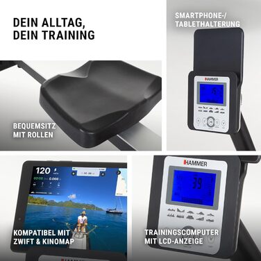 Гребний тренажер Hammer Cobra XTR Plus II для домашнього використання гребний тренажер з інноваційним тренувальним компютером, тримачем для смартфона/планшета, вага користувача до 130 кг, 232 x 55 x 75 см, чорний, 4532