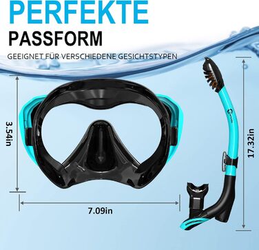 Набір для сноркелінгу, вдосконалена панорамна маска для сноркелінгу, водонепроникна маска для дайвінгу, захист від запотівання, загартоване скло із захистом від протікання, з 3-канальним преміальним сухим сноркелем для дорослих, водяно-зелений