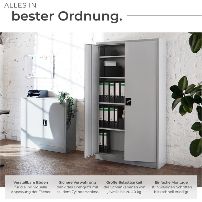 Картотечна шафа tectake, 180 x 90 x 40 см, офісна шафа, що замикається, багатоцільова сталева шафа, універсальна шафа, з 2 дверима, включаючи 5 полиць з регульованою висотою, картотечна шафа, що замикається - сіра