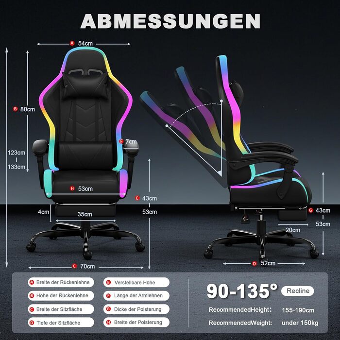 Ігрове крісло JUMMICO зі світлодіодним освітленням, круте гоночне ігрове крісло, ергономічне офісне крісло з функцією масажу, регульована спинка 90-135, з телескопічною підставкою для ніг, ігрове крісло вантажопідйомністю 150 кг, чорне