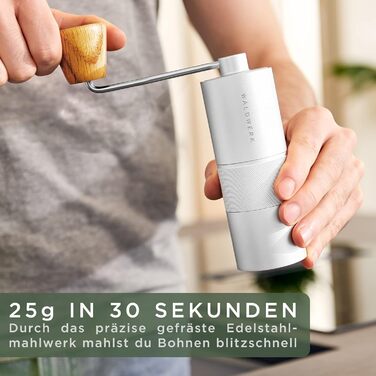Кавомолка WALDWERK - Ручна кавомолка з точними жорнами з нержавіючої сталі - Конусна кавомолка з дерев'яною ручкою - Кавомолка для
