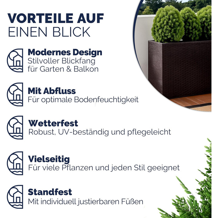 Квітковий ящик Casaria з 3 внутрішніми горщиками, поліратан, знімний, дренаж води, для зовнішнього використання, прямокутний, кашпо, квітковий горщик, піднята грядка, горщик для рослин, коричневий