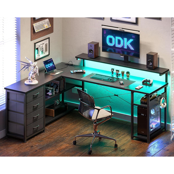 Письмовий стіл ODK з шухлядами, 155110 см, двосторонній кутовий стіл з 2 розетками та 2 портами USB для зарядки, L-подібний офісний стіл зі світлодіодним освітленням для домашнього офісу, чорний 155110 см