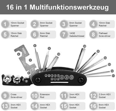 Велосипедні багатофункціональні інструменти 16 в 1. Набір інструментів для ремонту велосипедів, складний багатофункціональний інструмент MTB Patch Kit. Важелі для шин із сідельною сумкою
