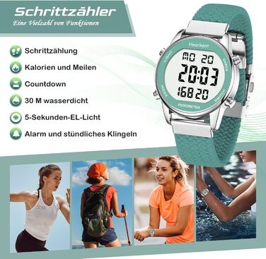 Крокомір для жінок, фітнес-трекер для ходьби, водонепроникний спортивний годинник, лічильник калорій, наручний годинник з великим цифровим дисплеєм, для пенсіонерів, жінок та людей похилого віку, зелений