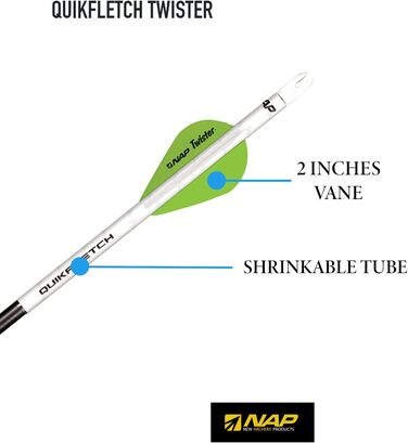 3-крильне стабілізуюче оперення Quikfletch Twister 5.1 см для підвищення точності стріл для складного лука та арбалетних болтів, 6 шт. , біла трубка, зелено-білі леза