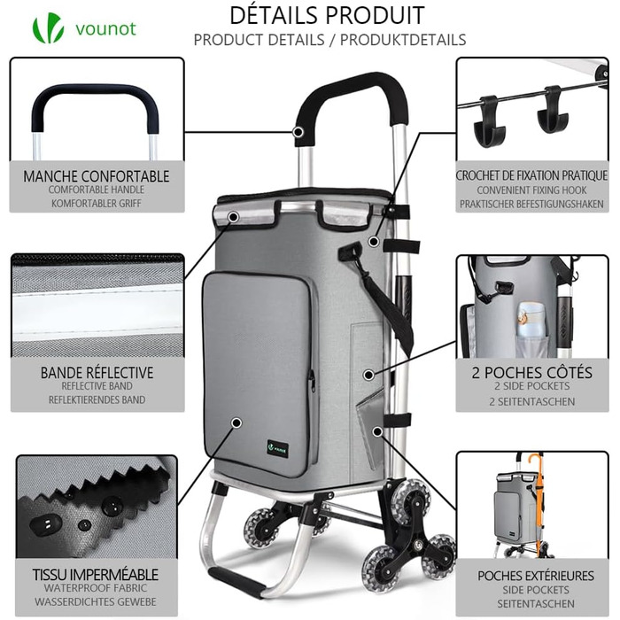 Алюмінієвий візок для покупок зі сходами, 3-в-1, складаний візок-тележка з гачком-тримачем, охолоджувальним відділенням та гаком, 6 коліс, велика місткість, водонепроникний, сірий 60л
