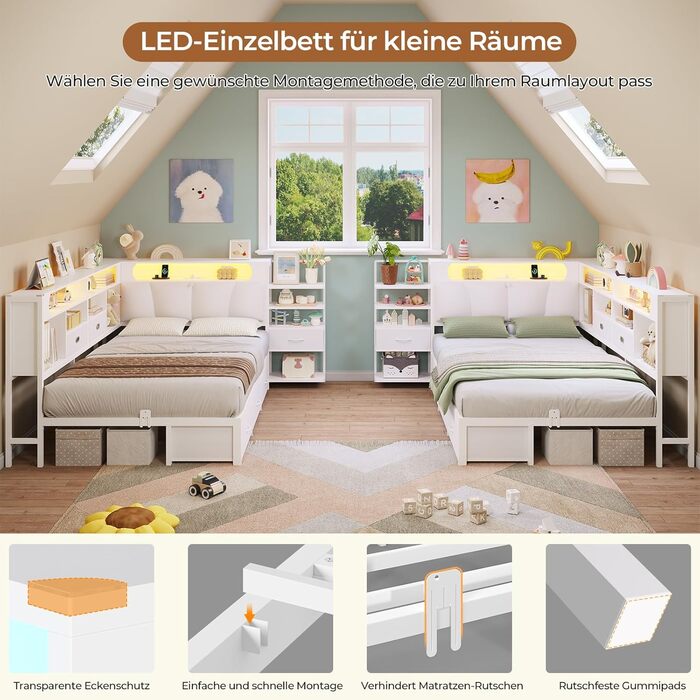 Дитяче ліжко DICTAC 90x200 з 6 шухлядами, світлодіодним освітленням та зарядною станцією Багатофункціональне ліжко з мяким узголівям, вбудованою тумбочкою та прихованим місцем для зберігання в узголівї (біле)
