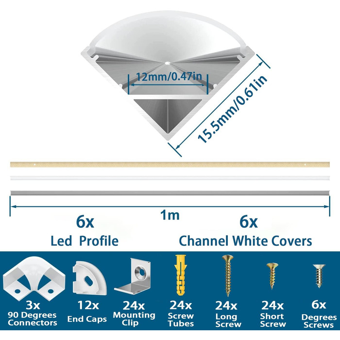 Світлодіодний алюмінієвий профіль Chesbung для світлодіодних стрічок/смуг/смуги/смуги, 6 x 1 м Aluprofil Led V Form Alu Profile Led, канал світлодіодної стрічки з молочно-білим покриттям, світлодіодний дифузор із кутовими роз'ємами 45 градусів 6 шт. -1м-V