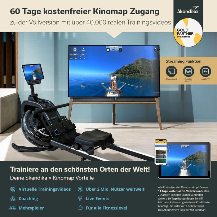 Водний гребний тренажер Skandika Nemo IV Водний гребний тренажер студійної якості для домашнього використання, сертифікований TV Sd, Kinomap, тримач для планшета, стійкий Водостійкий гребний тренажер, чорний