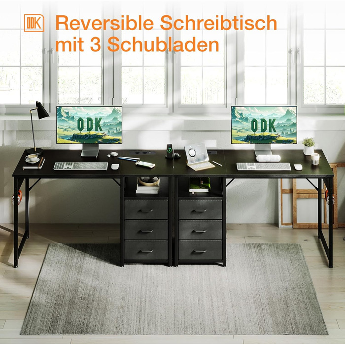 Письмовий стіл ODK з 3 шухлядами, тканина, 120x48x75,5 см, комп&39ютерний стіл з 2 розетками та USB-портами, двосторонній ПК-стіл, офісний стіл для домашнього офісу, чорний 120x48x75,5 см чорний