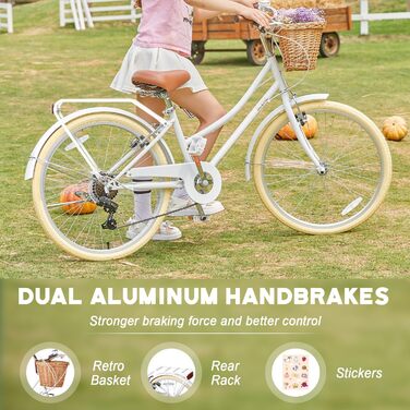 Міський велосипед Glerc Missy 20&39 24&39 26&39 дюймів для дівчаток старше 8 років, гібридний, 6-швидкісний, з плетеним кошиком, легкий, білий, 24 дюйми, із заднім багажником, різні кольори