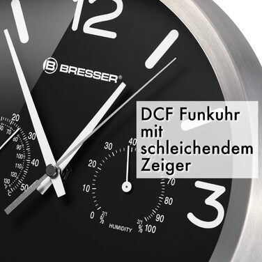 Настінний радіокерований годинник Bresser MyTime ND Thermo-Hygro з безшумним радіокерованим механізмом, рамою з нержавіючої сталі