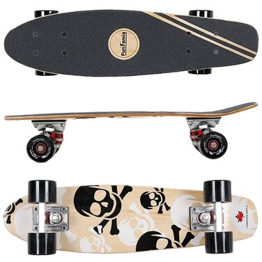 Скейтборд FunTomia Mini-Board Cruiser 57 см, виготовлений з 7-шарового канадського клена, включаючи кулькові підшипники ABEC-9. Білий череп / з чорними колесами.