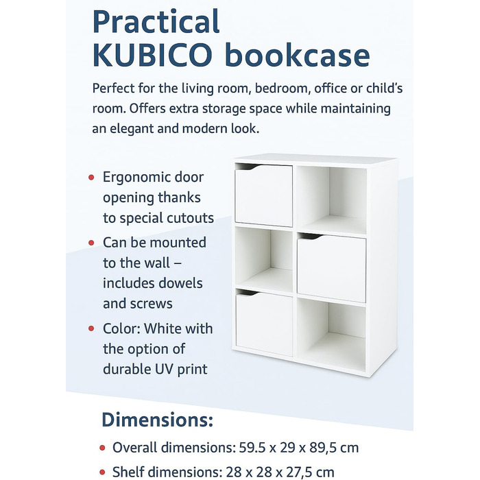 Книжкова шафа, Дитяча полиця, Полиця для іграшок, Дитяча гардеробна Біла книжкова шафа з 6 полицями, Рішення для зберігання Дитяча кімната, вітальня та офіс 59,5x29x89,5 см