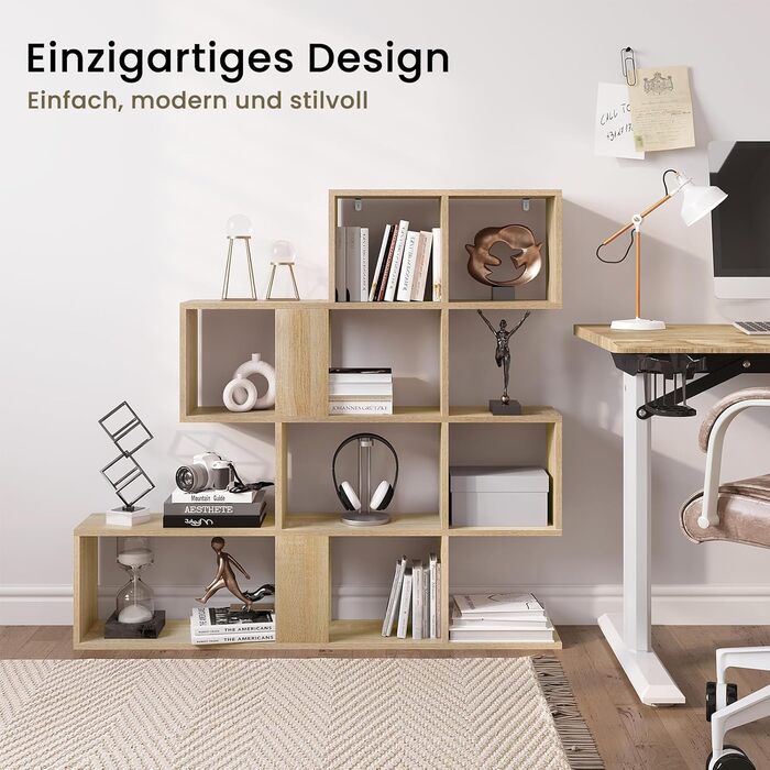 Рівнева книжкова полиця, полиця-перегородка кімнати з 11 відкритими відділеннями, окремостояча полиця для сходів, полиця-ступінь, для вітальні, спальні, офісу, 115x109,5x19,5 см, світлий дуб, 4-