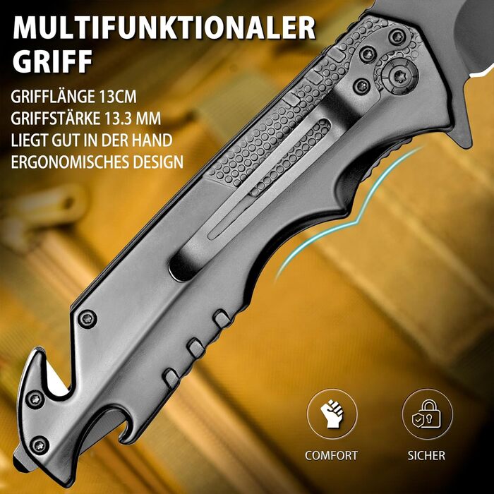 Кишеньковий ніж NedFoss FA48, рятувальний ніж з ремінним різаком та склорізом, складаний ніж з затискачем для ременя, одноручний н