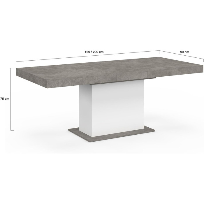 Розкладний прямокутний обідній стіл Eden, на 6-10 осіб, бетонний та білий, 160-200 см