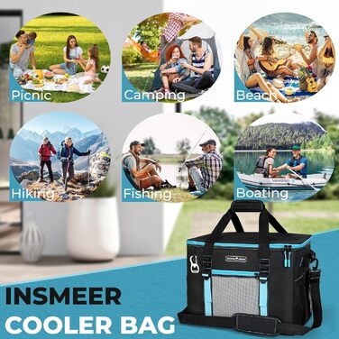 Велика сумка-холодильник 50 л, складна сумка-холодильник на 80 банок, складна/герметична з відкривачкою, велика сумка/холодильник для пікніка для кемпінгу, пляжу, пікніків, сімейних прогулянок на 4 особи, чорна