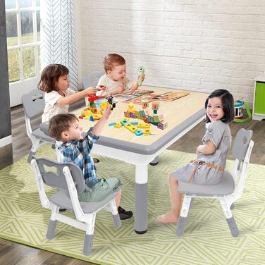 Дитячий стіл AufuN з 4 стільцями, комплект дитячих сидінь з регульованою висотою, комплект столу та стільців для дитячого садка та дитячої кімнати, простий у догляді стіл для малювання для класних кімнат, пластикові дитячі меблі, сірий