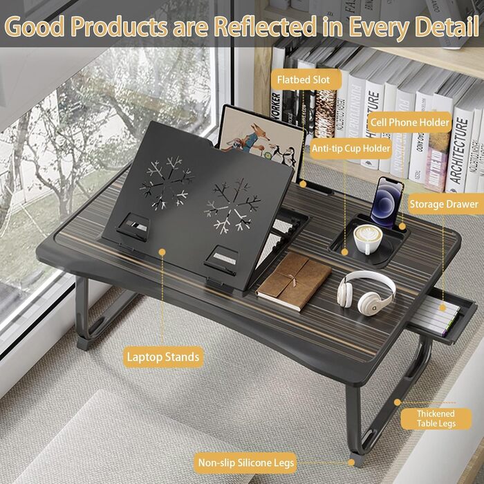 Регульований стіл для ноутбука на ліжко, портативний піднос з 6 кутами нахилу, висувною шухлядою та підставкою для напоїв. Ідеально підходить для роботи та навчання в ліжку.