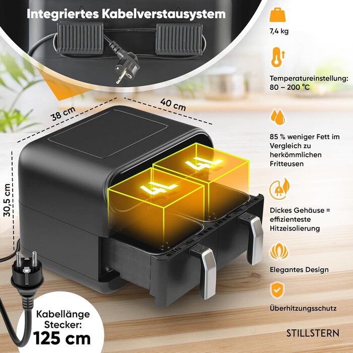 Л, 2400 Вт, 80-200 C, функція струшування розроблена STILLSTERN, Same-End, 120 рецептів GERMAN, 8 програм, зневоднення, розморожування та підтримання тепла, фритюрниця чорна, 1-8 Pers 2x4 8